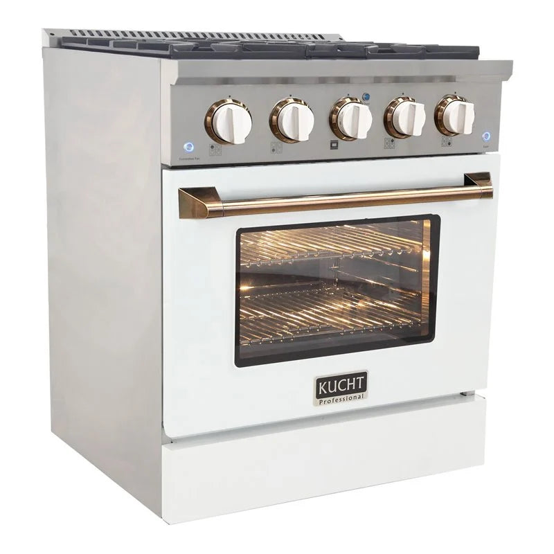 White gas range with convection oven, gold handle and white control knobs