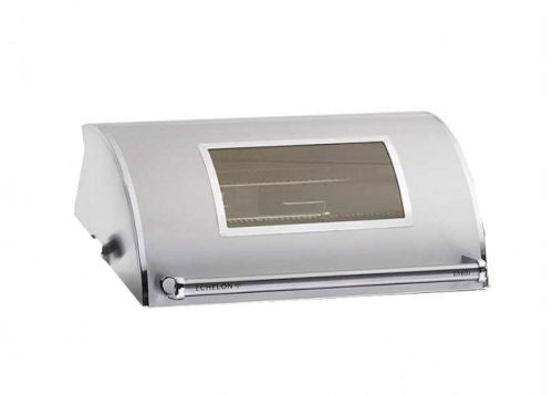 Stainless oven hood with rectangular viewing window and control handle