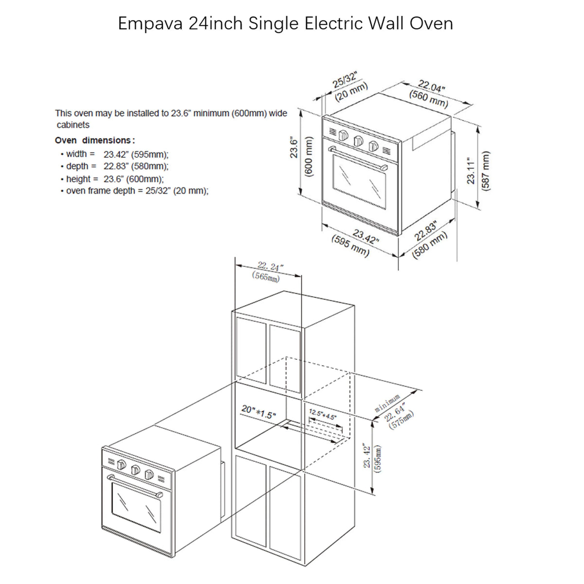 24-inch electric wall oven installation dimensions diagram with cutaway views