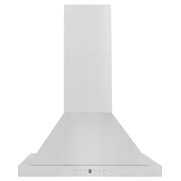 White wall-mount range hood underside with control panel and vent chimney