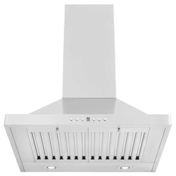 White wall-mount range hood with front baffle filters and two round light lenses