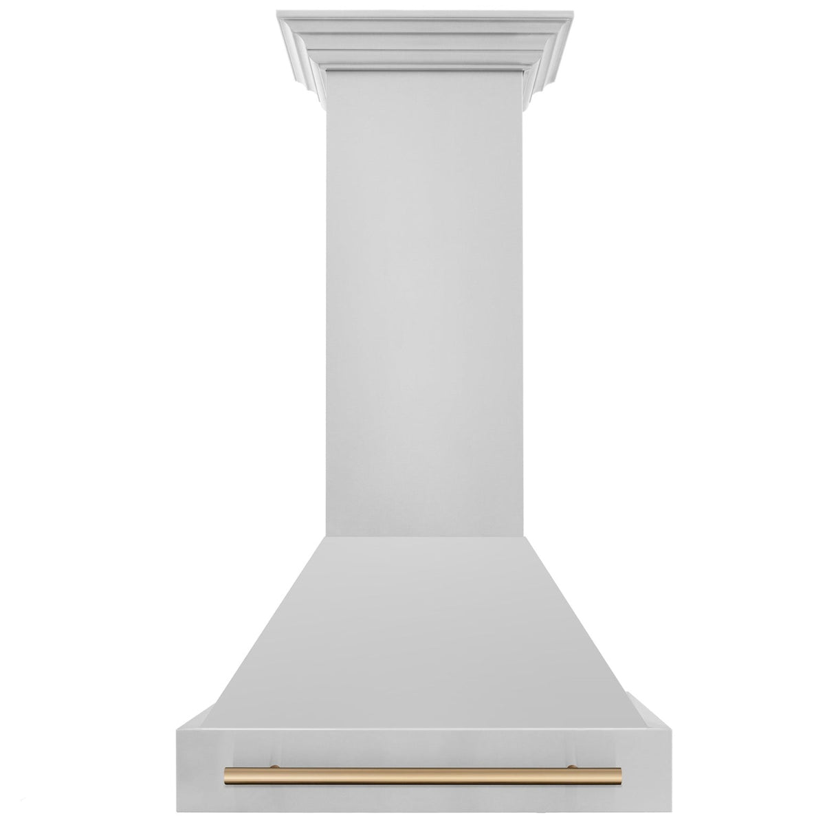 Wall-mounted range hood with stainless flue and champagne bronze trim strip at bottom