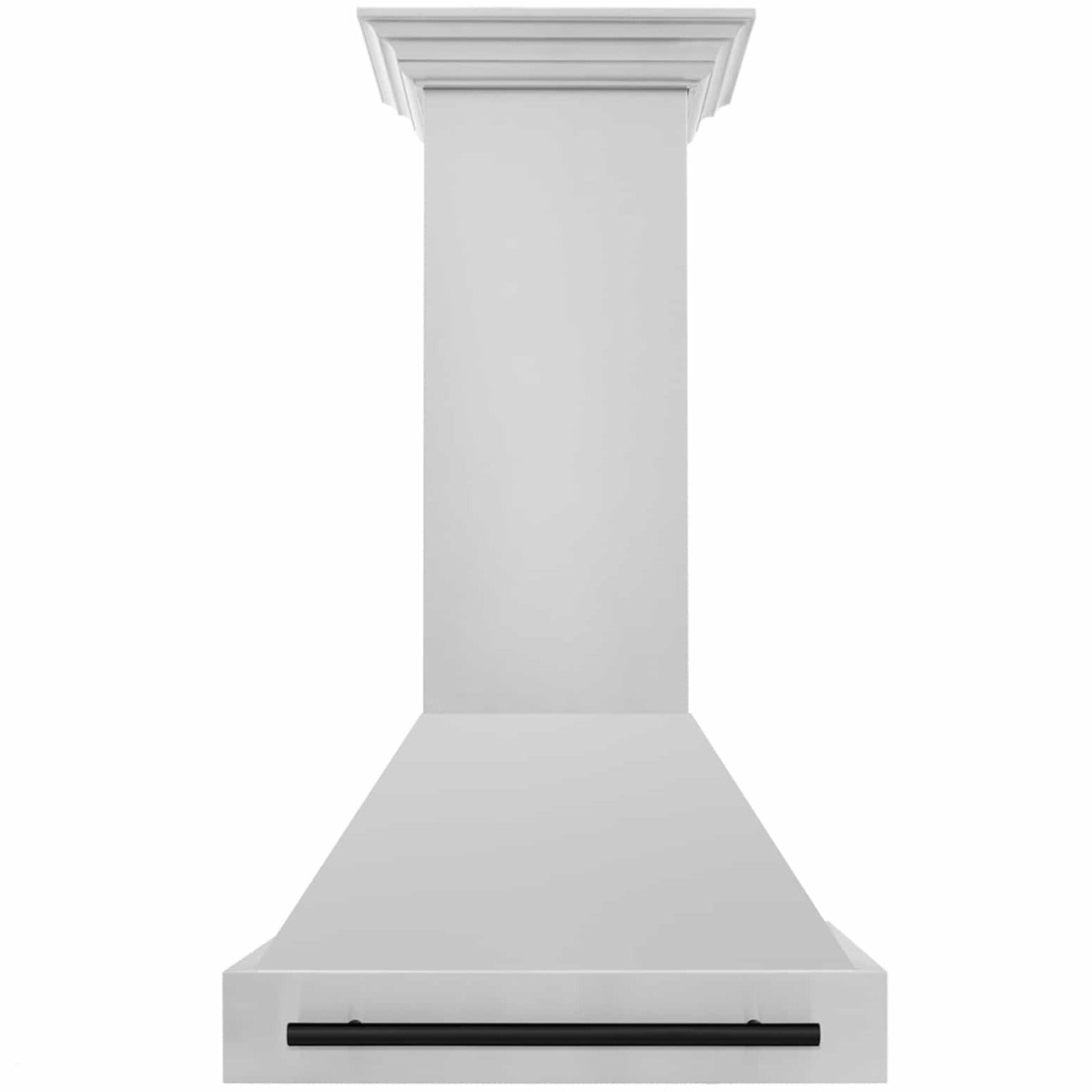 Wall-mounted stainless range hood with matte black vent bar on underside