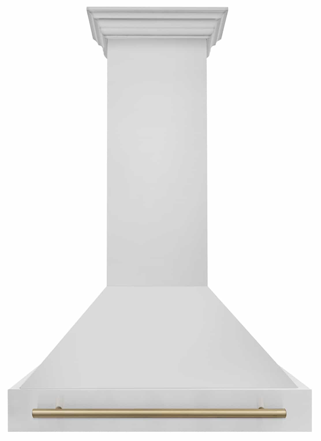 Wall mounted range hood canopy with champagne bronze trim strip