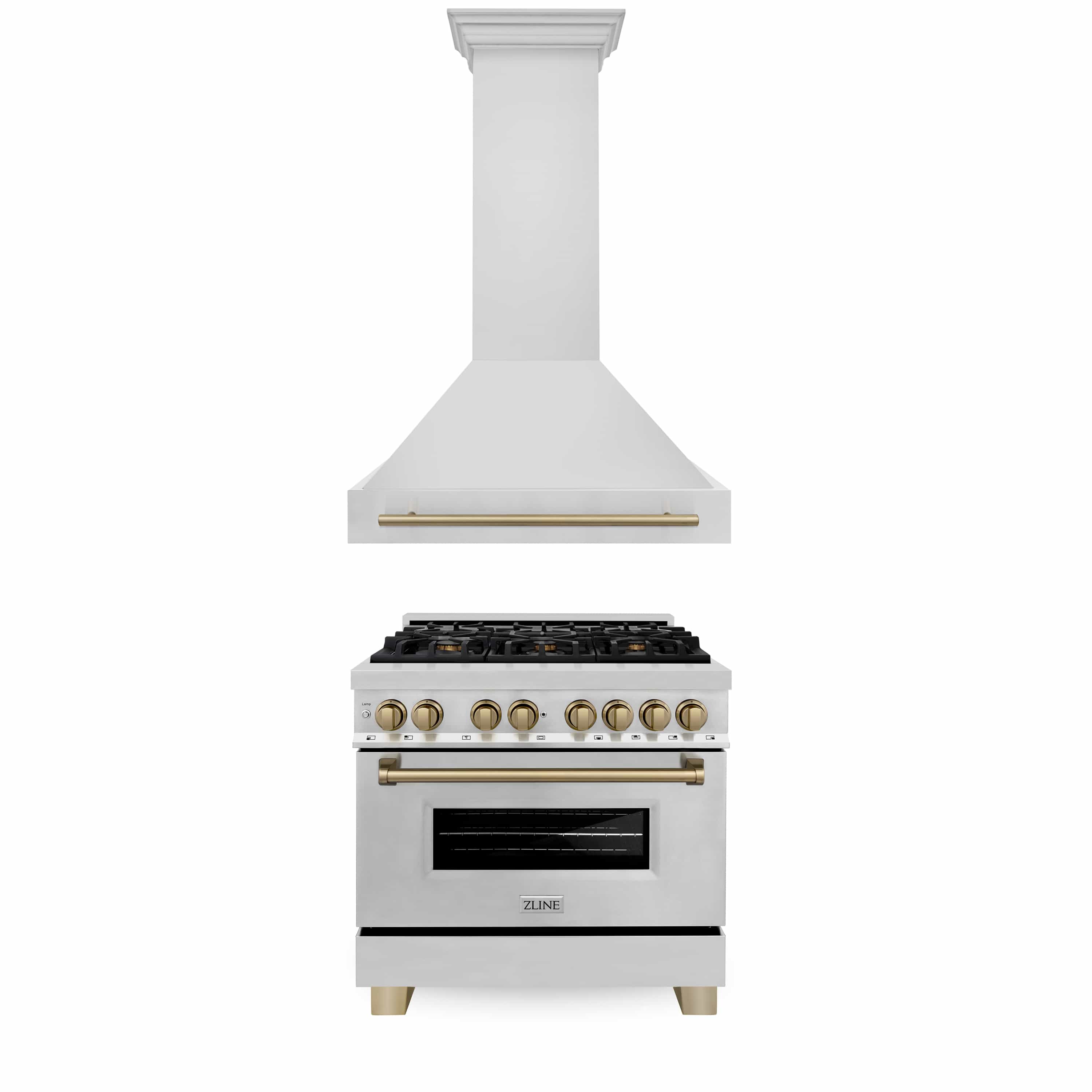 Stainless dual fuel range and wall hood with champagne bronze trim and control knobs
