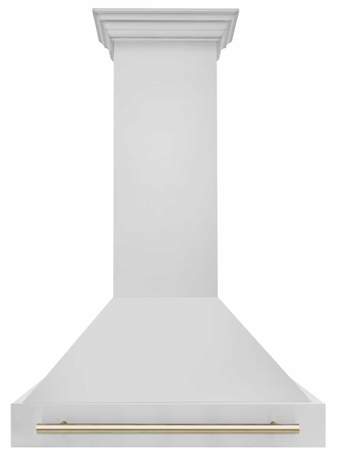 White wall-mounted range hood with gold-trim bottom edge