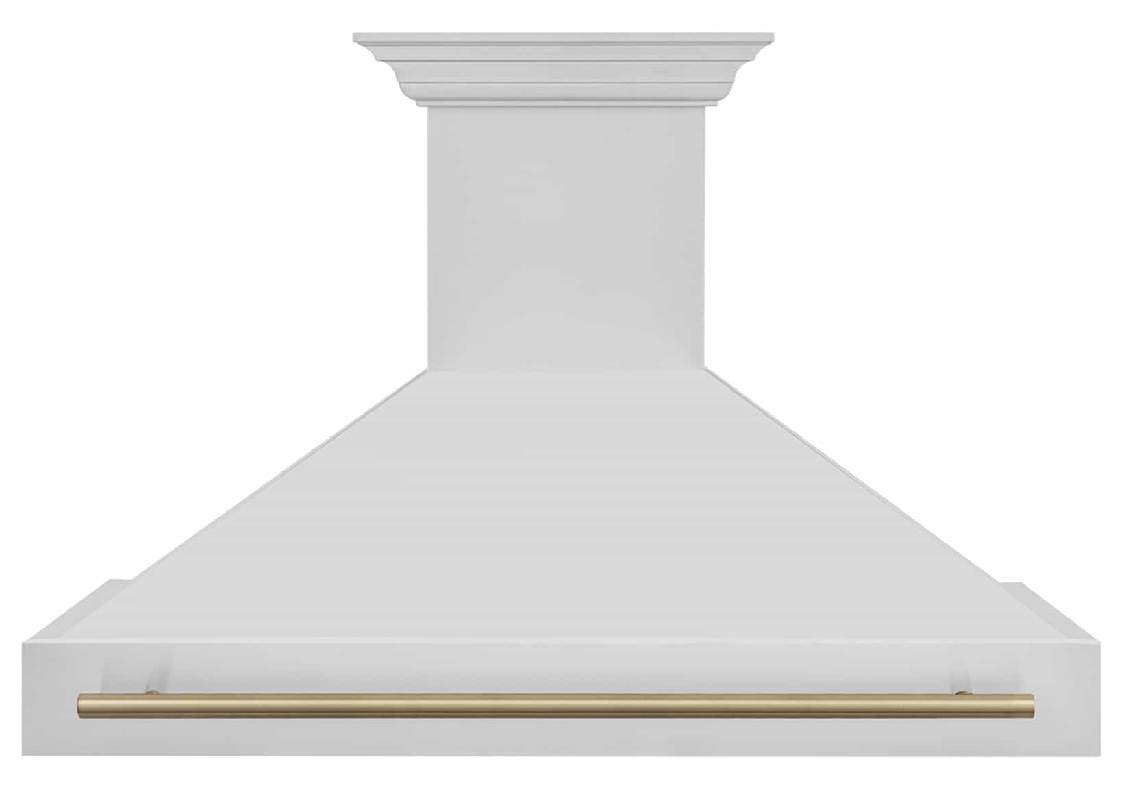 Wall mounted stainless range hood with champagne bronze front trim bar