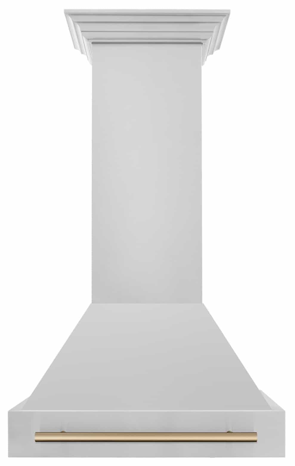 Stainless steel range hood with champagne bronze trim band at the top of the flue