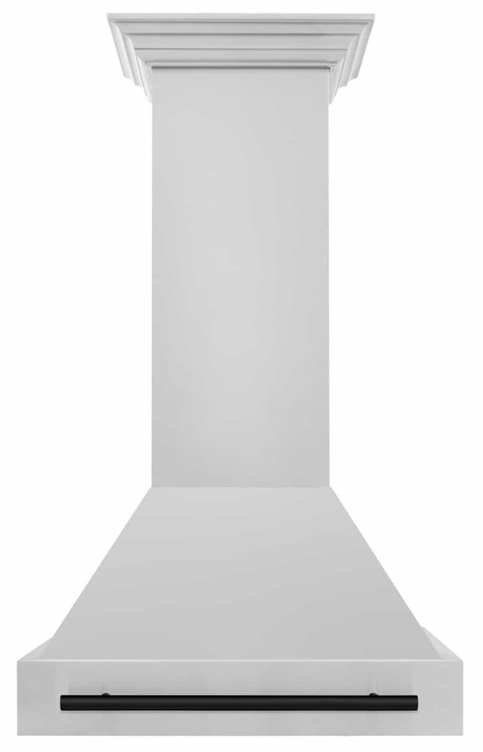 Wall-mounted range hood with matte black bottom trim strip and stainless-steel finish