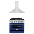 ZLINE 2-Piece Appliance Package - 36-inch Dual Fuel Range with Blue Gloss Door and Convertible Vent Range Hood in Stainless Steel (2KP-RABGRH36)