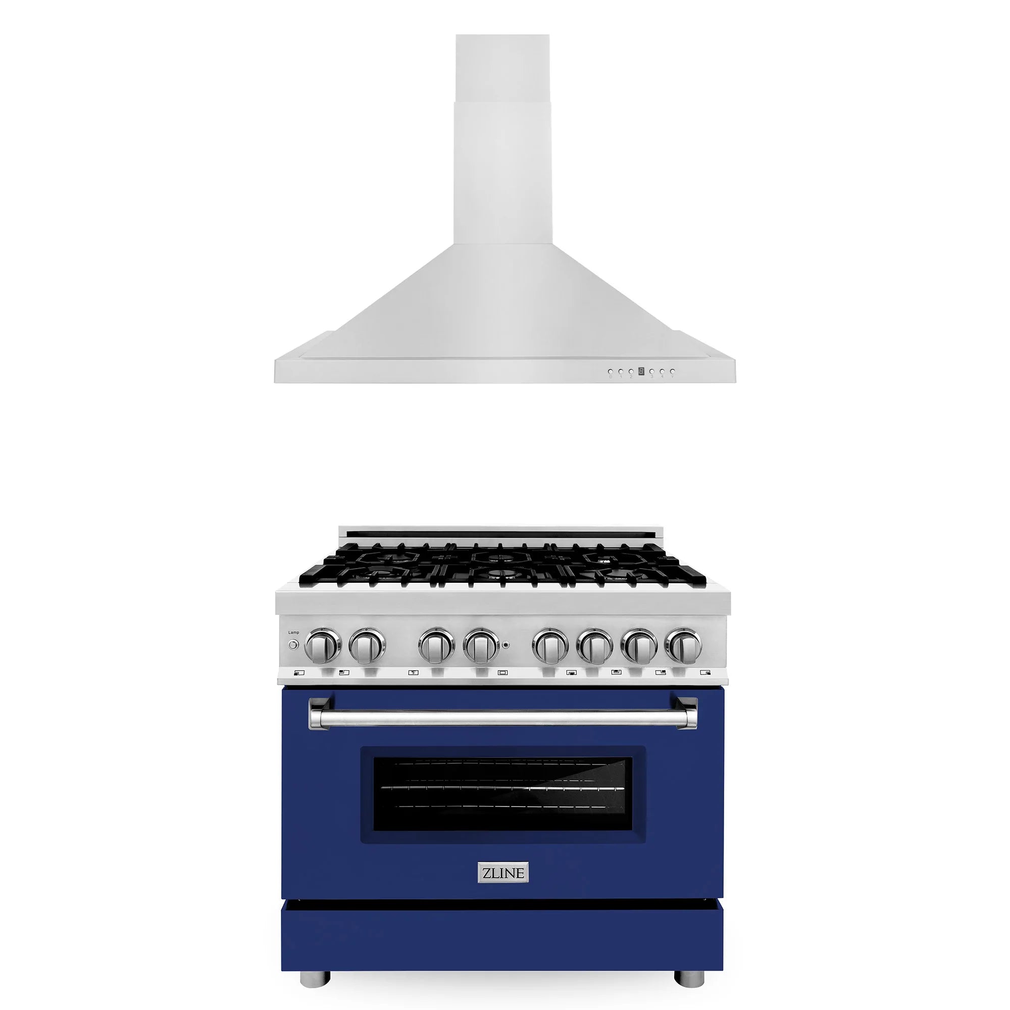 Dual fuel range with blue glossy door, stainless control panel, and white chimney vent hood