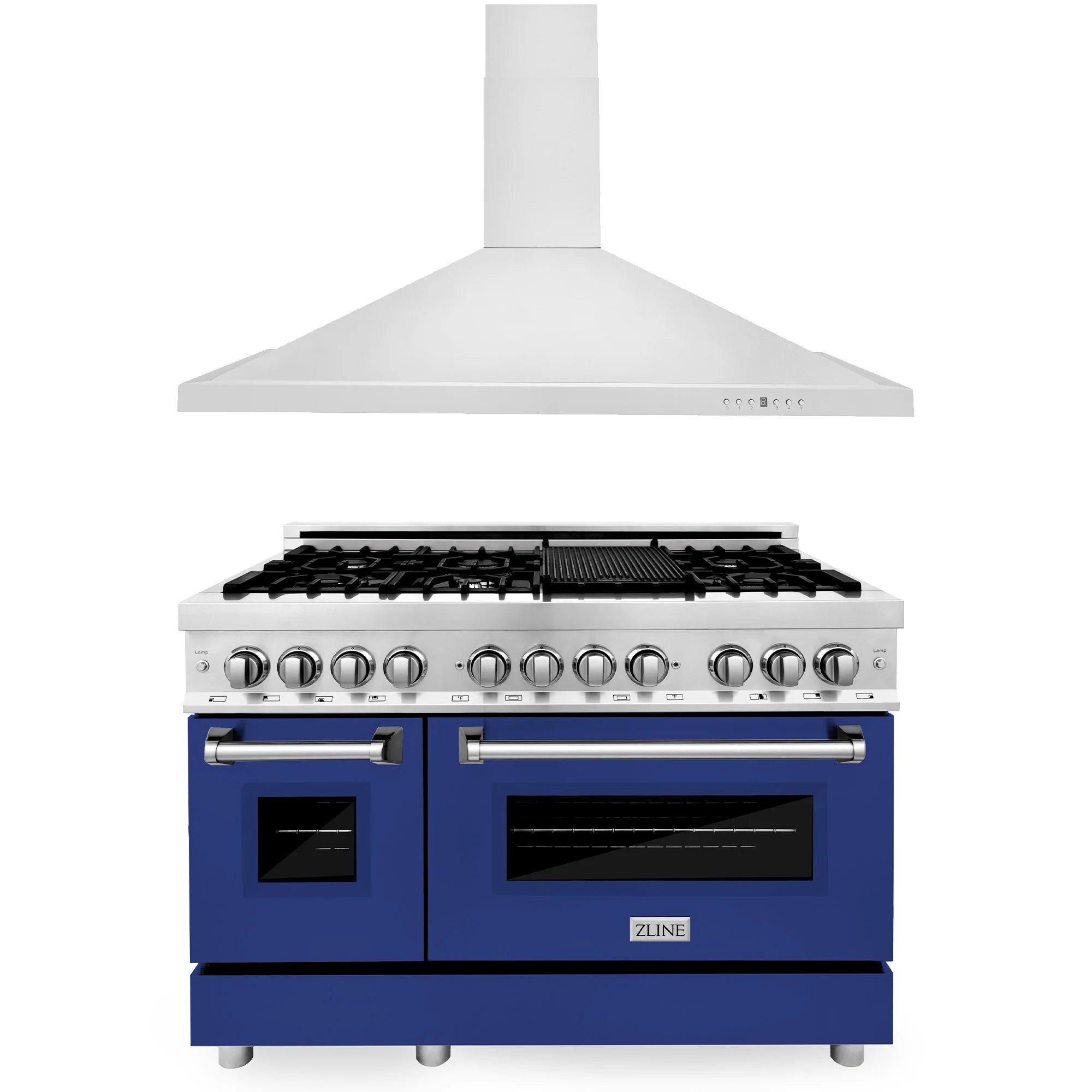Blue gloss dual fuel range with stainless control panel and chimney vent hood