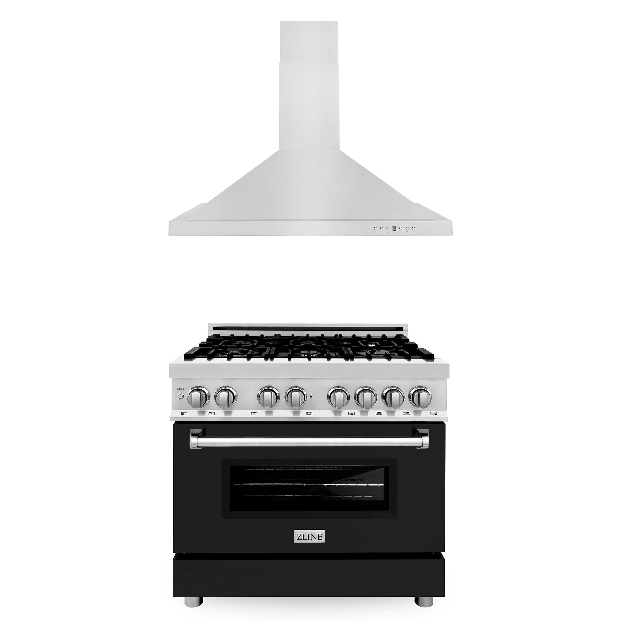 Stainless dual-fuel range with black oven door and stainless convertible hood