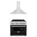 ZLINE 2-Piece Appliance Package - 36-inch Dual Fuel Range with Black Matte Door and Convertible Vent Range Hood in Stainless Steel (2KP-RABLMRH36)