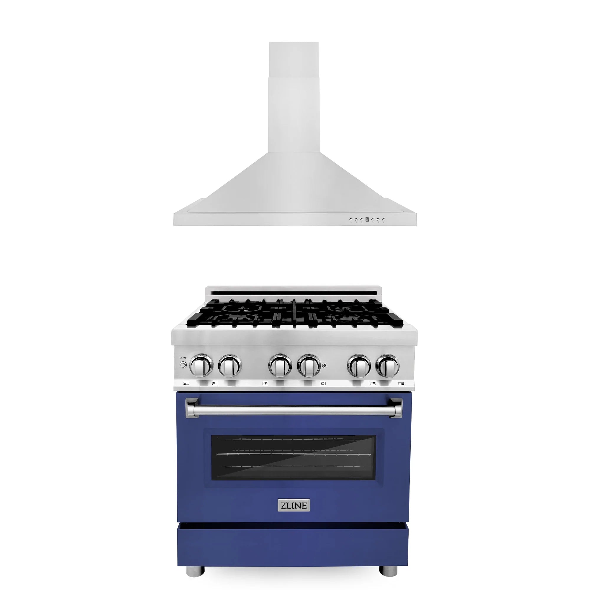 ZLINE dual fuel range and vent hood set with blue matte door and stainless steel