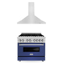 ZLINE 2-Piece Appliance Package - 36-inch Dual Fuel Range with Blue Matte Door and Convertible Vent Range Hood in Stainless Steel (2KP-RABMRH36)
