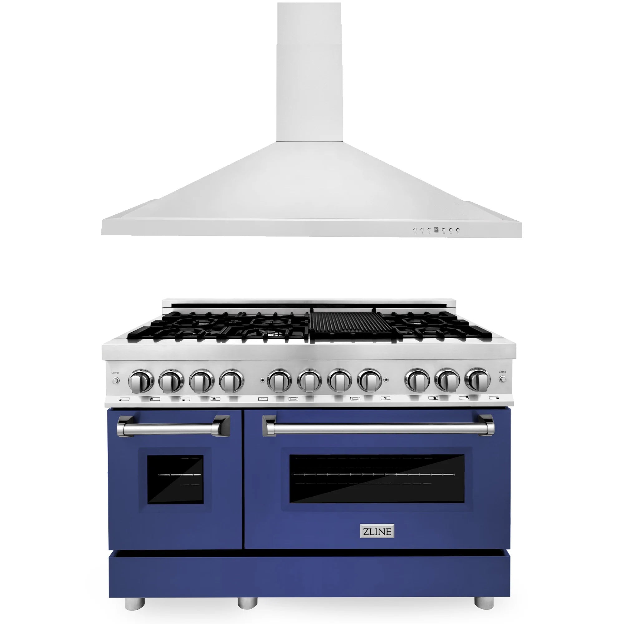 Blue matte dual fuel range with stainless hood, metal grates and control knobs