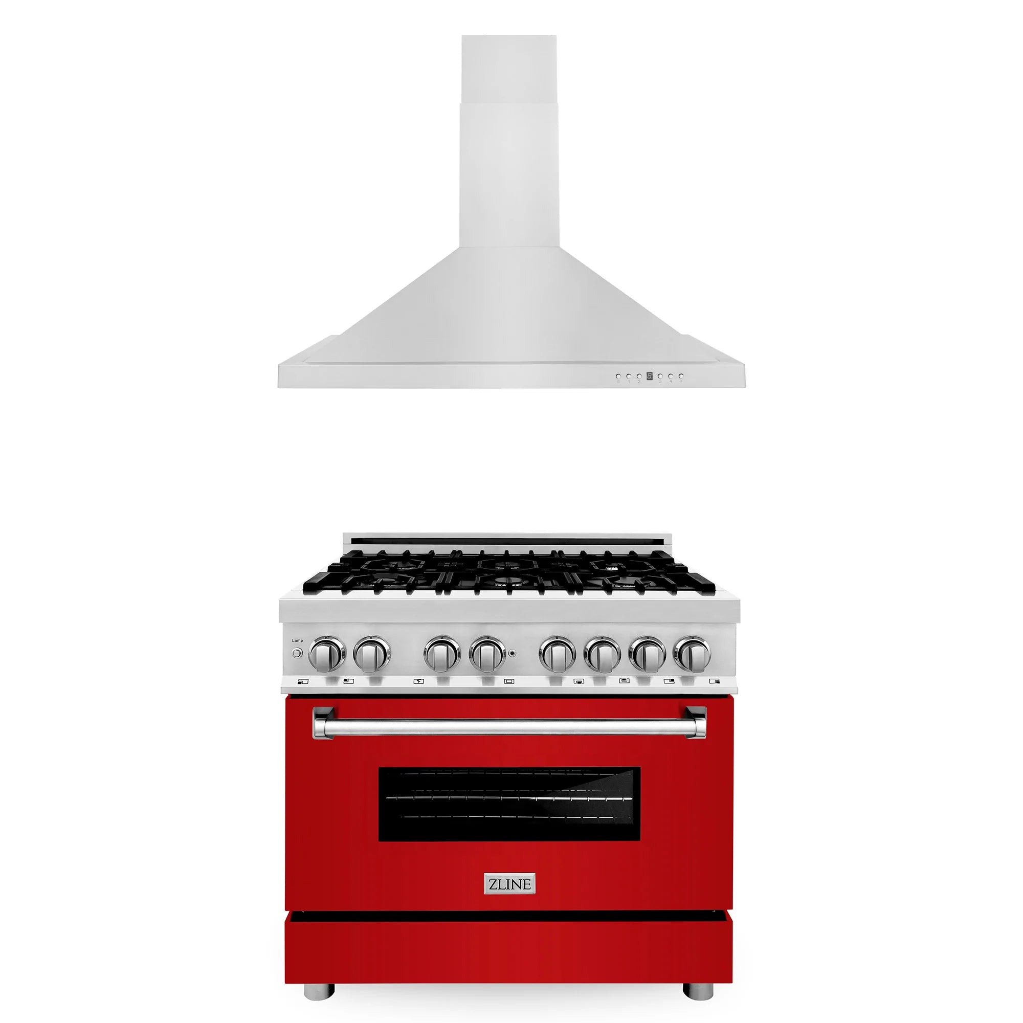 Red dual fuel range with stainless vent hood and oven door, ZLINE