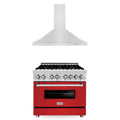 ZLINE 2-Piece Appliance Package - 36-inch Dual Fuel Range with Red Matte Door and Convertible Vent Range Hood in Stainless Steel (2KP-RARMRH36)