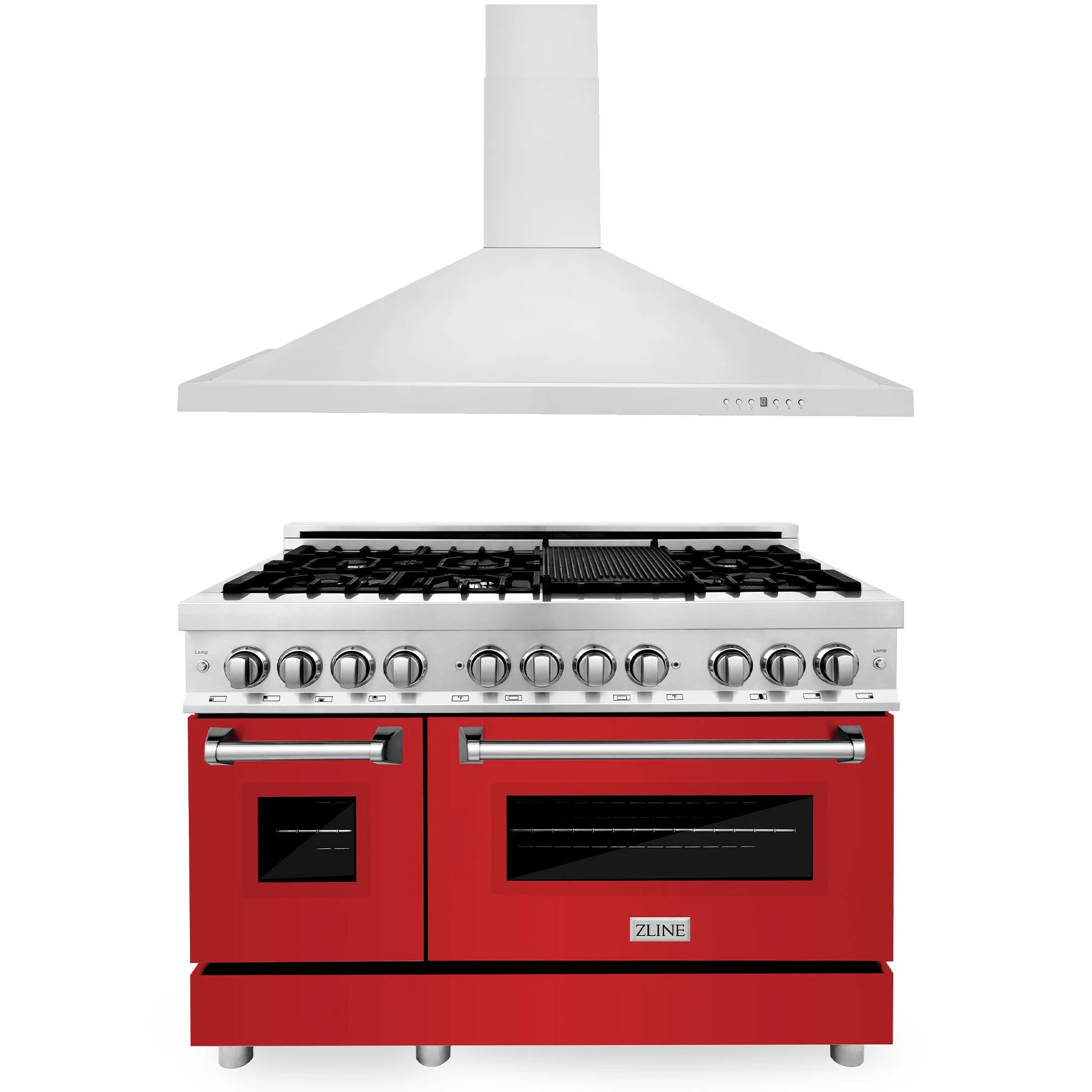 ZLINE 2-piece dual fuel range and vent hood set, red matte oven doors, stainless frame