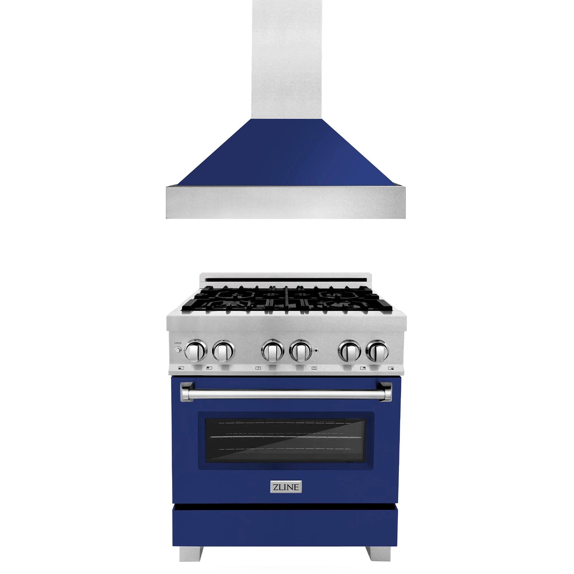 Blue and stainless steel dual fuel range with oven door and burner control knobs