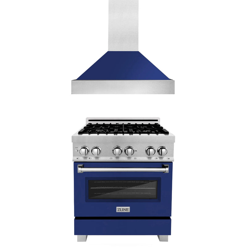 ZLINE 2-Piece Appliance Package - 30-inch Dual Fuel Range With Blue Gloss Door & Blue Gloss Range Hood in DuraSnow Stainless Steel (2KP-RASBGRH30)