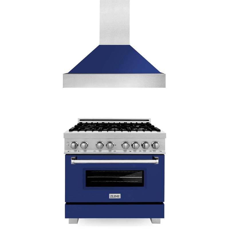 ZLINE 2-Piece Appliance Package - 36-inch Dual Fuel Range & Premium Range Hood in DuraSnow Stainless Steel With Blue Gloss (2KP-RASBGRH36)