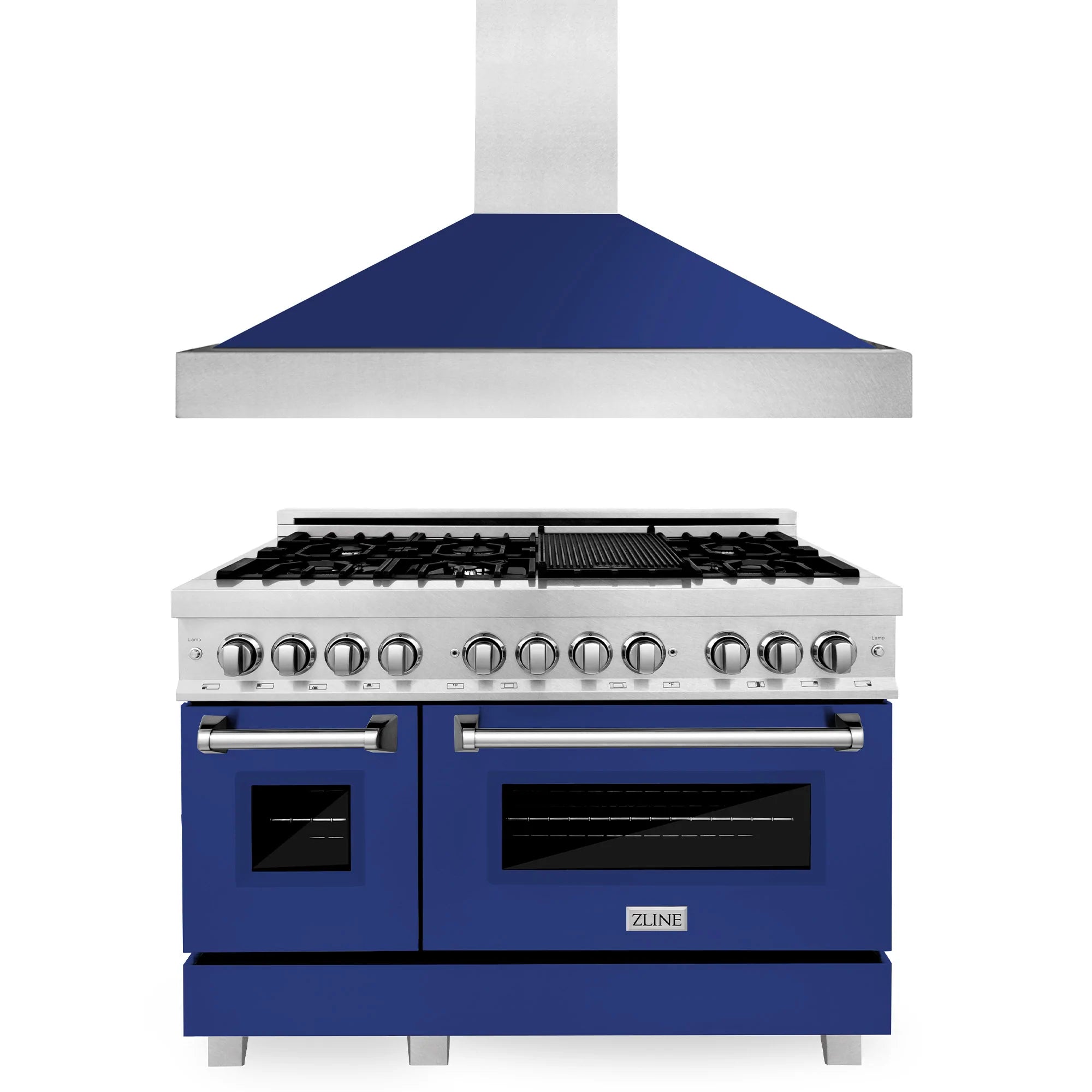 Blue dual-fuel range with stainless control panel and matching chimney hood