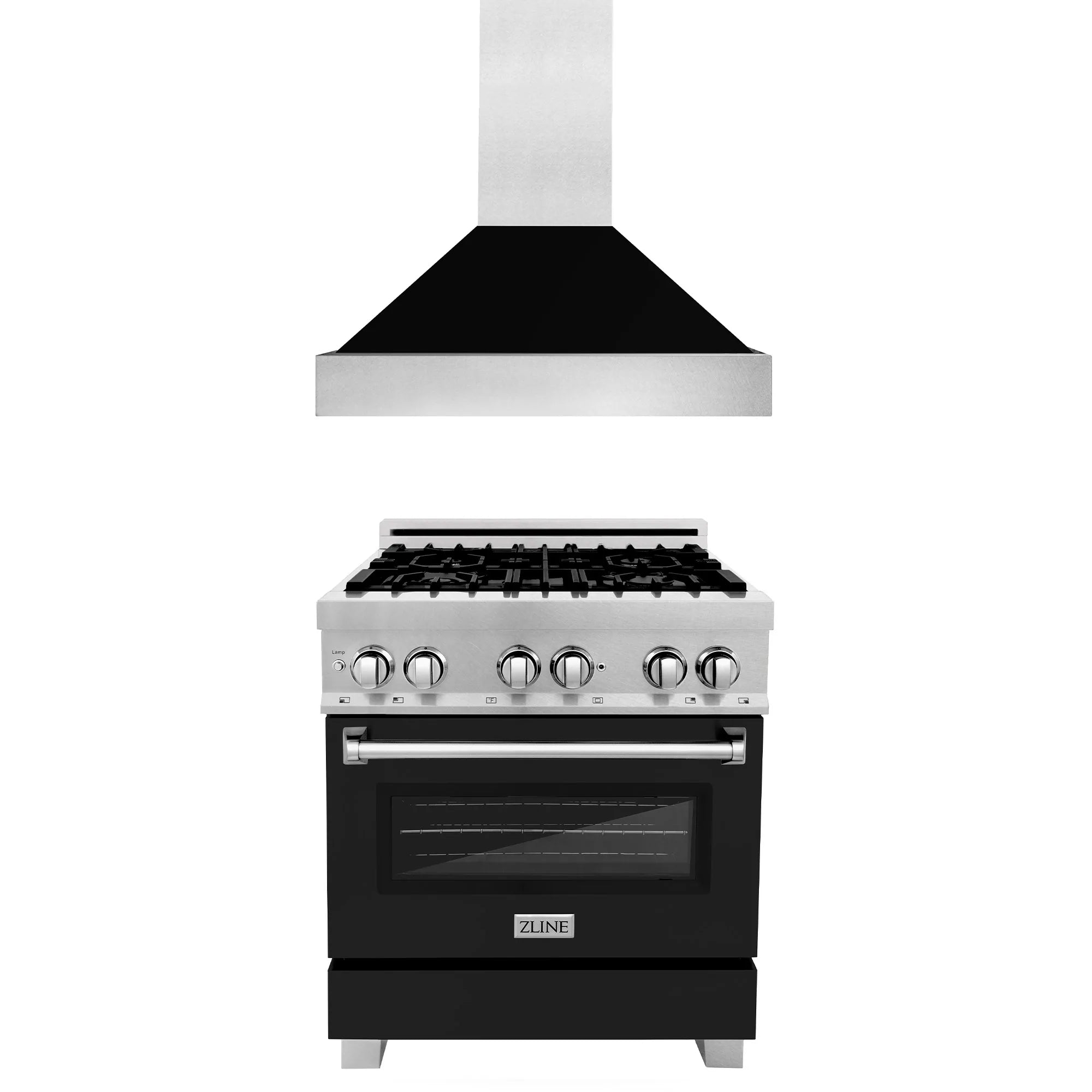 ZLINE dual fuel range with stainless body, black oven door, and control knobs