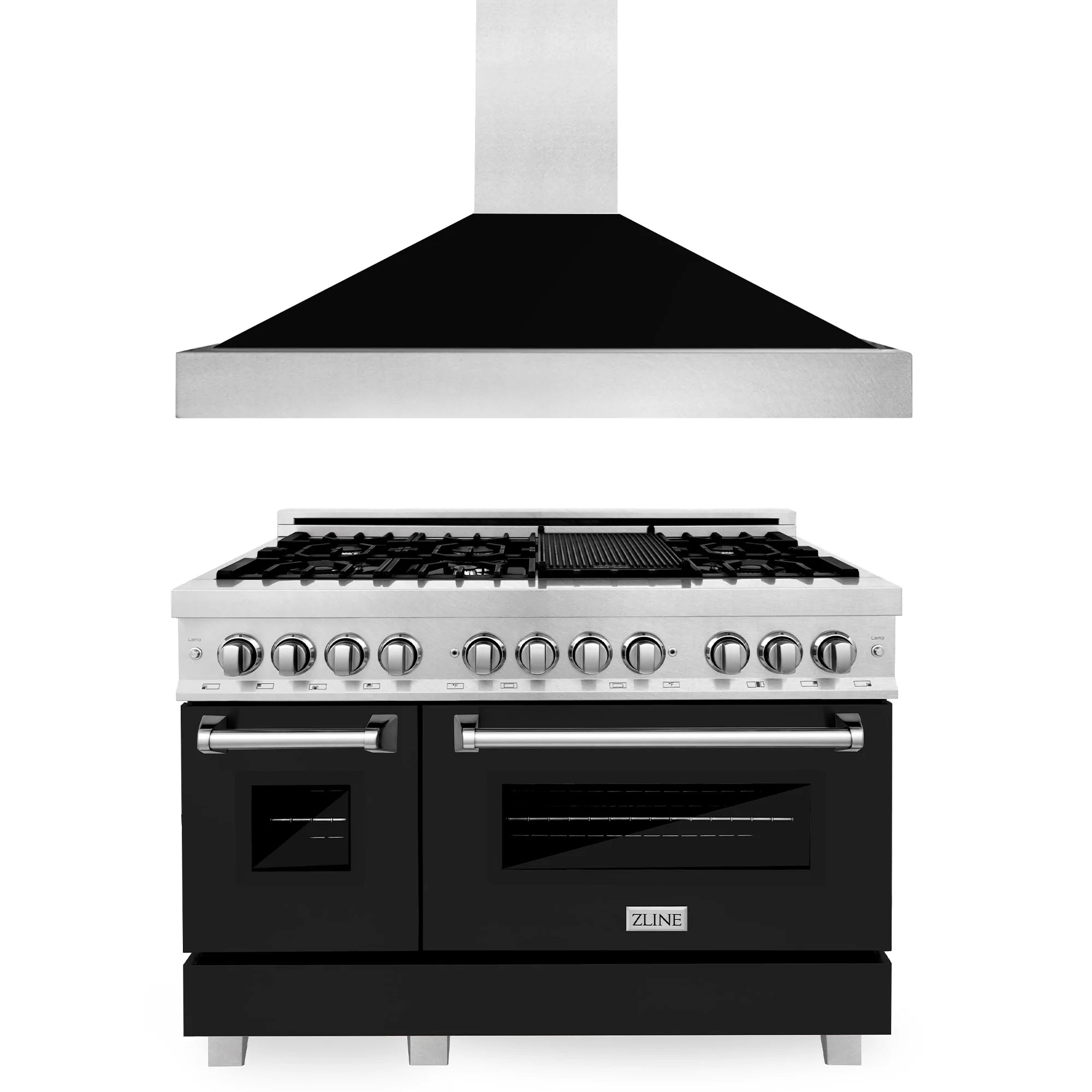 48-inch dual fuel range with satin stainless body, black oven doors, and ZLINE logo