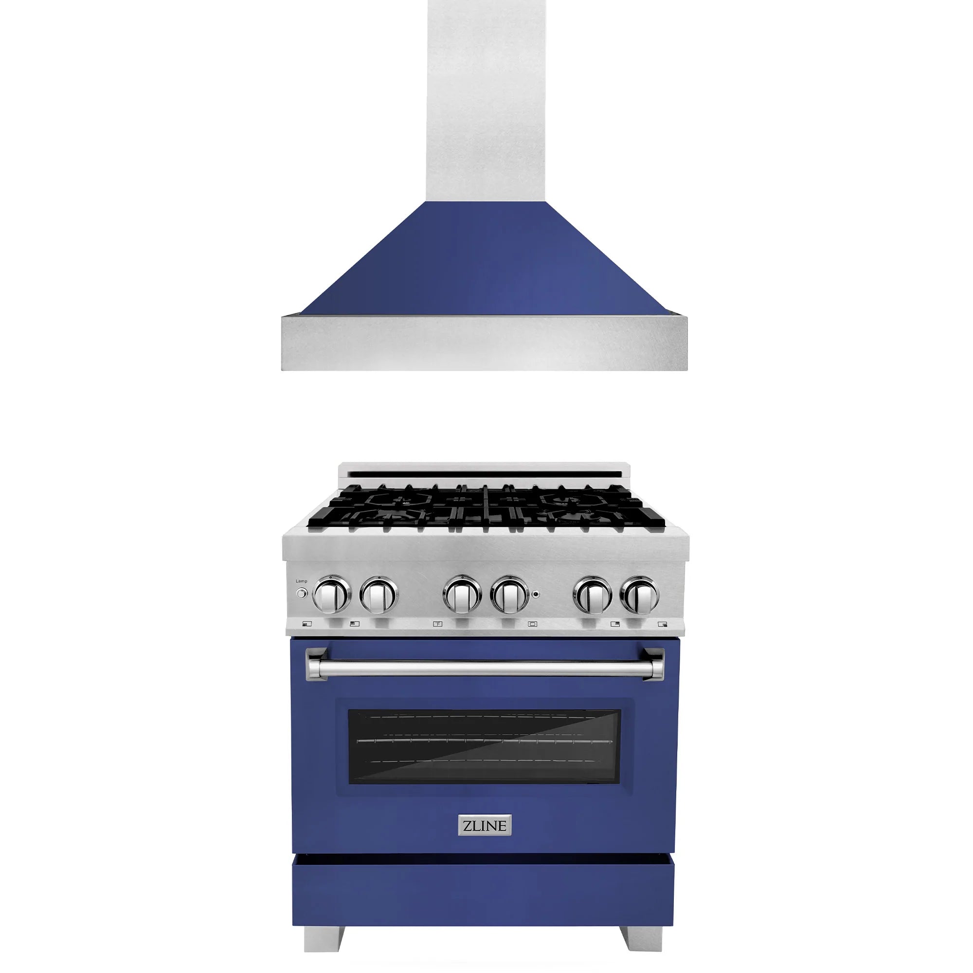 ZLINE satin stainless dual fuel range and hood set, blue matte finish, front view