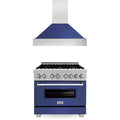 ZLINE 2-Piece Appliance Package - 36-inch Dual Fuel Range & Premium Range Hood in Satin Stainless Steel with Blue Matte (2KP-RASBMRH36)