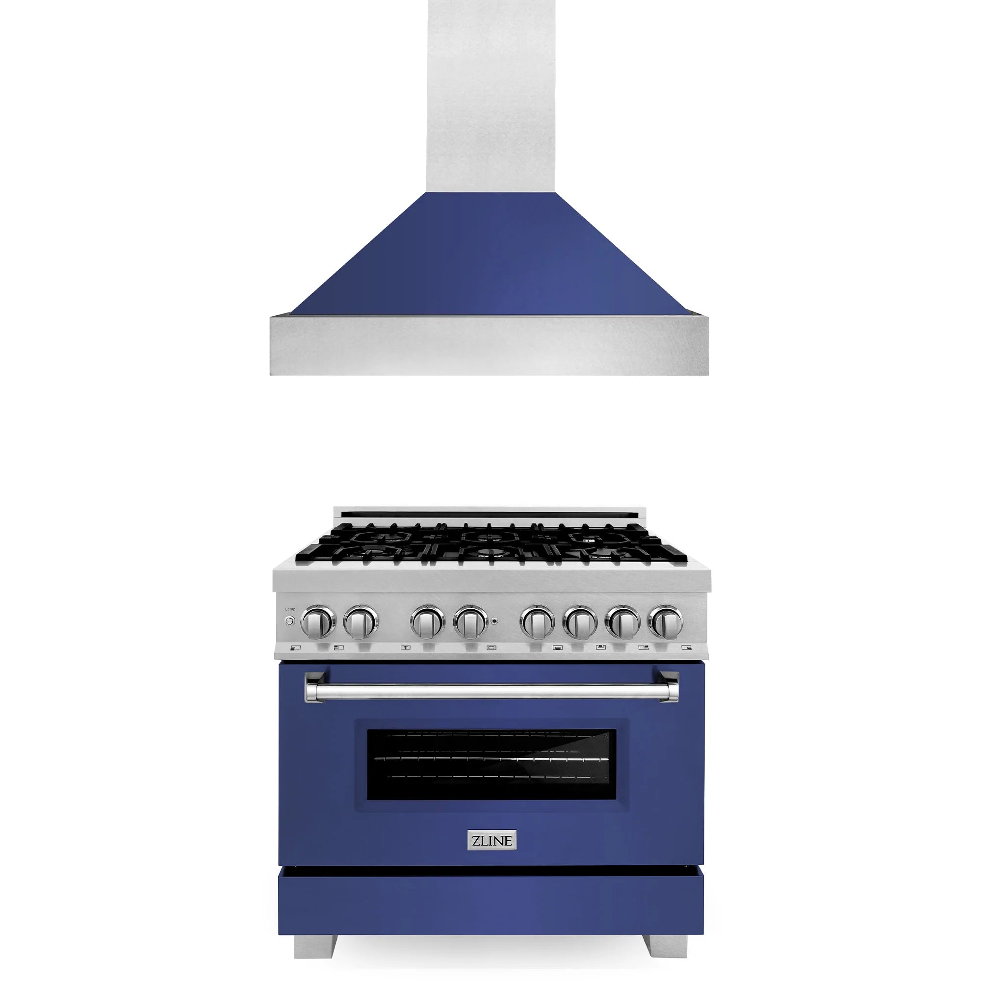 Blue matte dual-fuel range with stainless hood, front control panel and oven door visible
