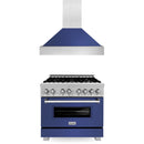 ZLINE 2-Piece Appliance Package - 36-inch Dual Fuel Range & Premium Range Hood in Satin Stainless Steel with Blue Matte (2KP-RASBMRH36)