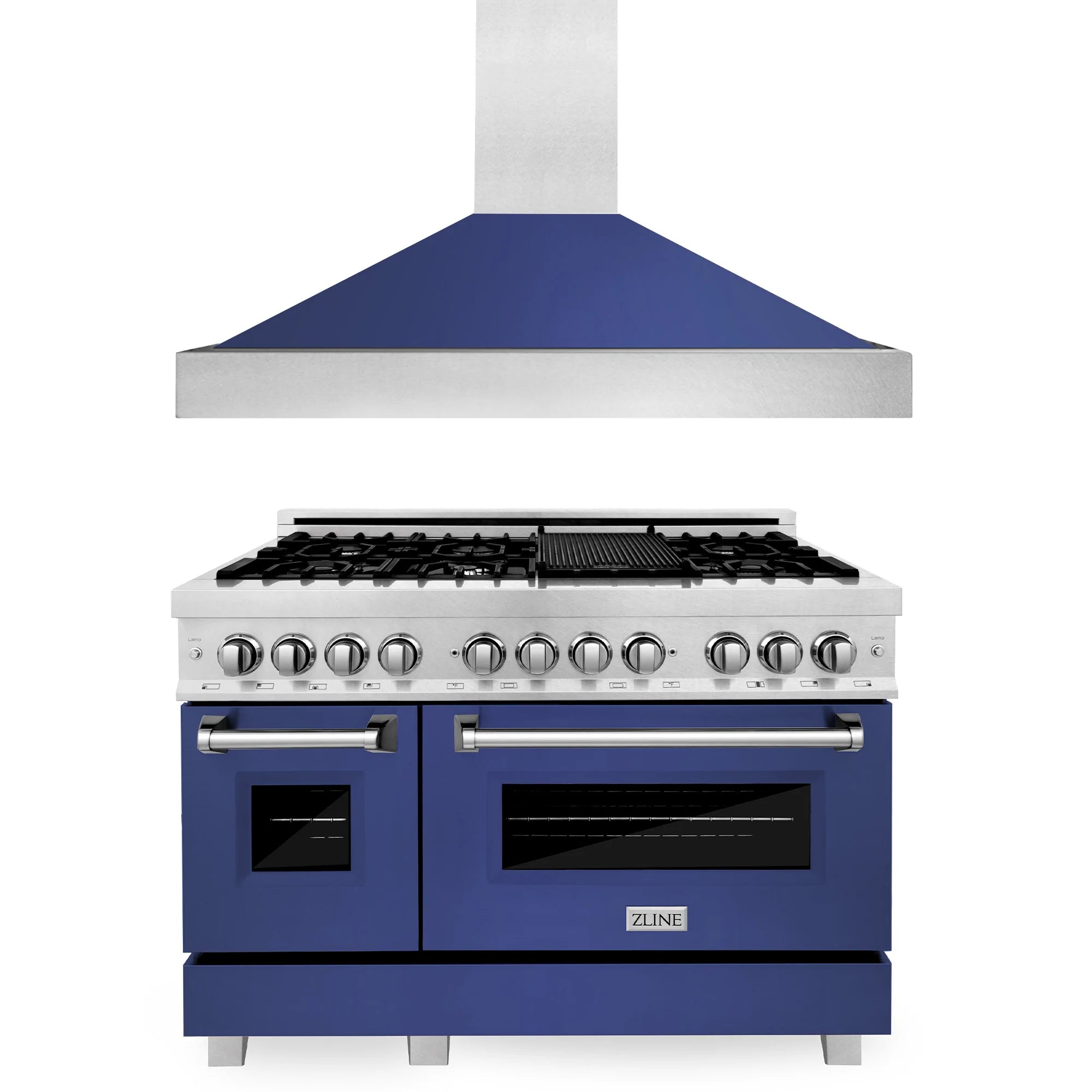 Dual fuel range and satin stainless range hood, blue matte finish, front view
