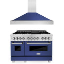 ZLINE 2-Piece Appliance Package - 48-inch Dual Fuel Range & Premium Range Hood in Satin Stainless Steel with Blue Matte (2KP-RASBMRH48)