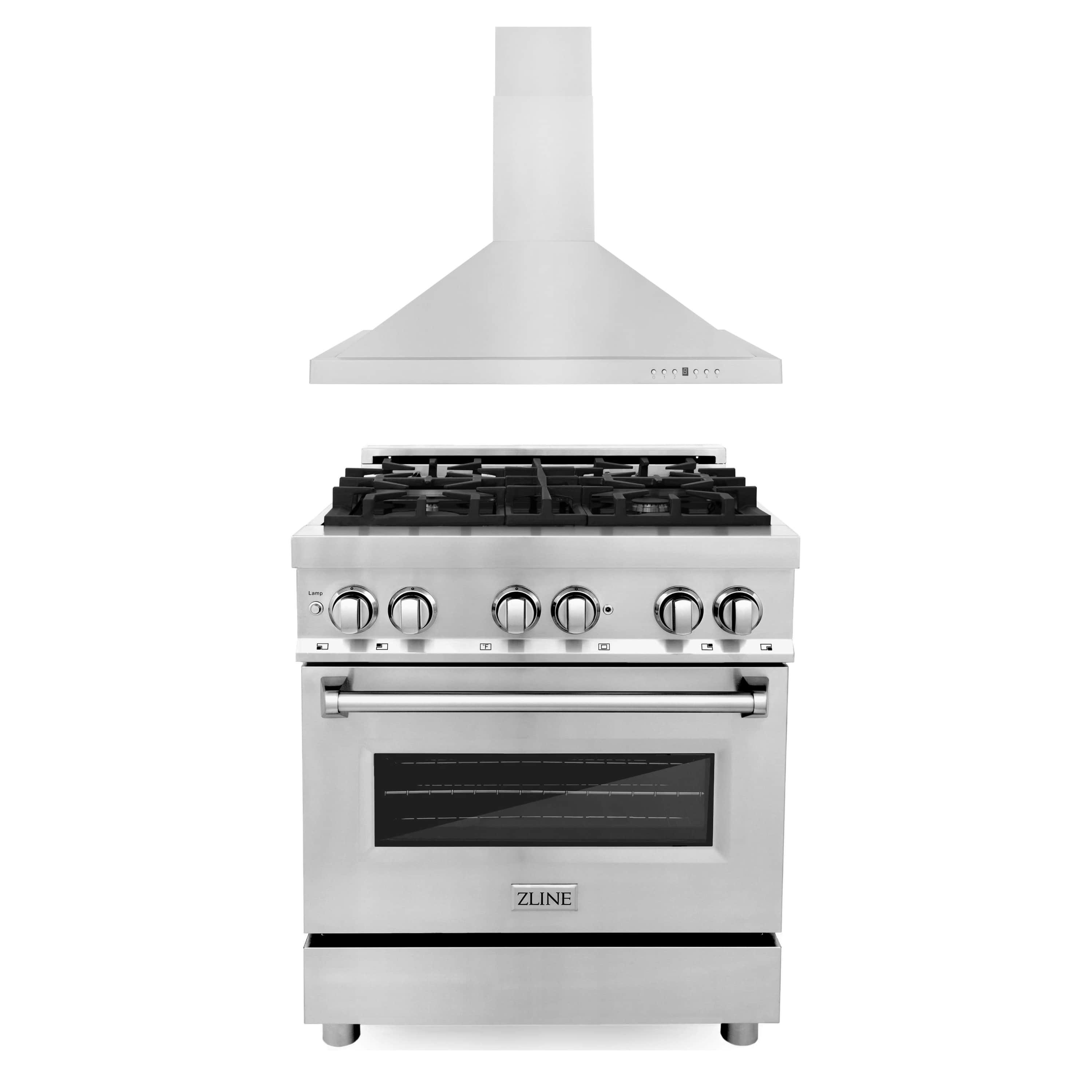 ZLINE stainless steel dual fuel range with black oven door and front control knobs