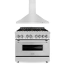 ZLINE 2-Piece Appliance Package - 36-inch Dual Fuel Range in Stainless Steel with Satin Stainless Steel Door and Convertible Wall Mount Hood in Stainless Steel (2KP-RASNRH36)
