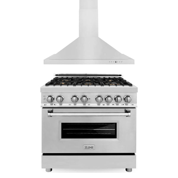ZLINE 2-Piece Appliance Package - 36-inch Dual Fuel Range in Stainless Steel with Satin Stainless Steel Door and Convertible Wall Mount Hood in Stainless Steel (2KP-RASNRH36)