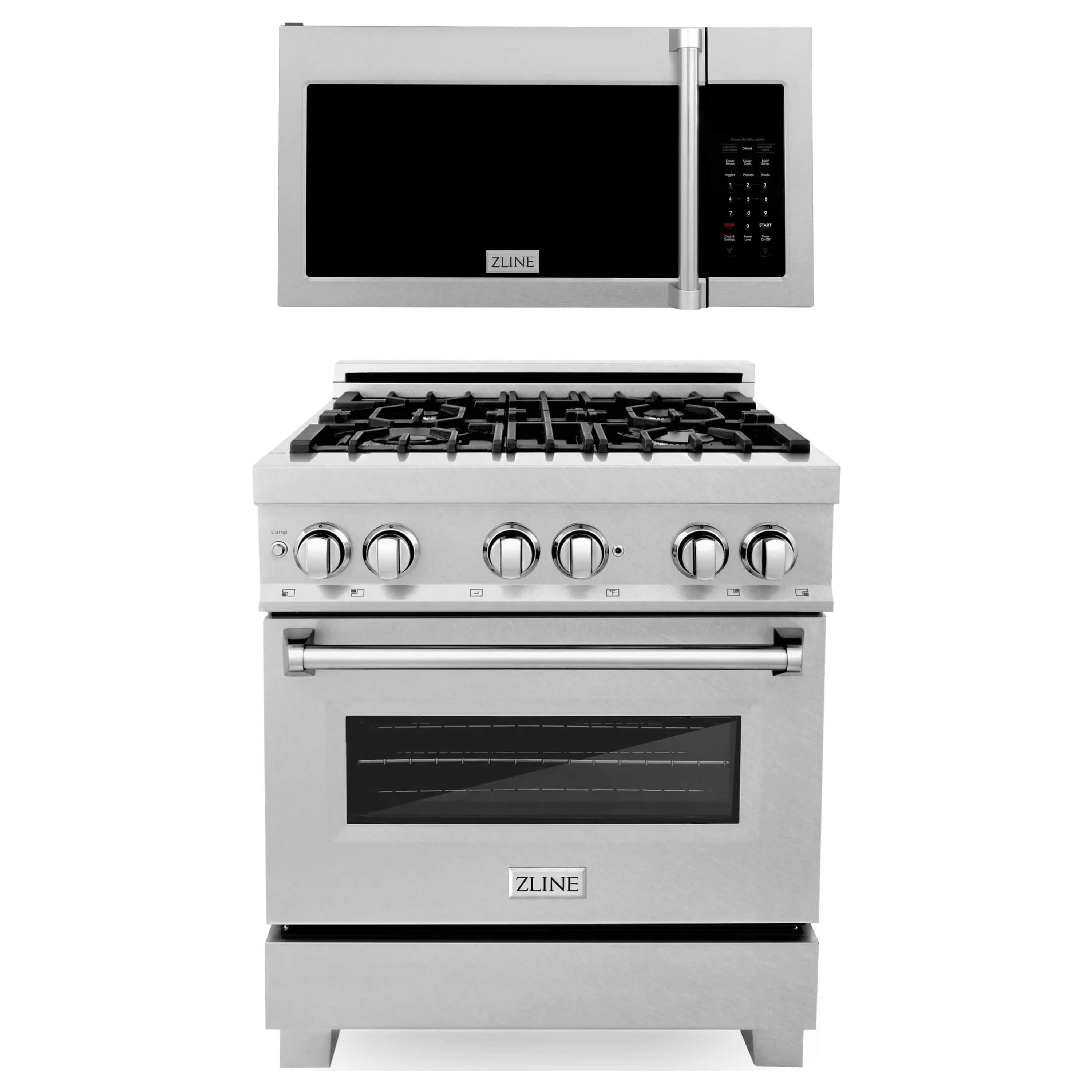Satin stainless dual fuel range with oven and cooktop knobs plus over-the-range microwave