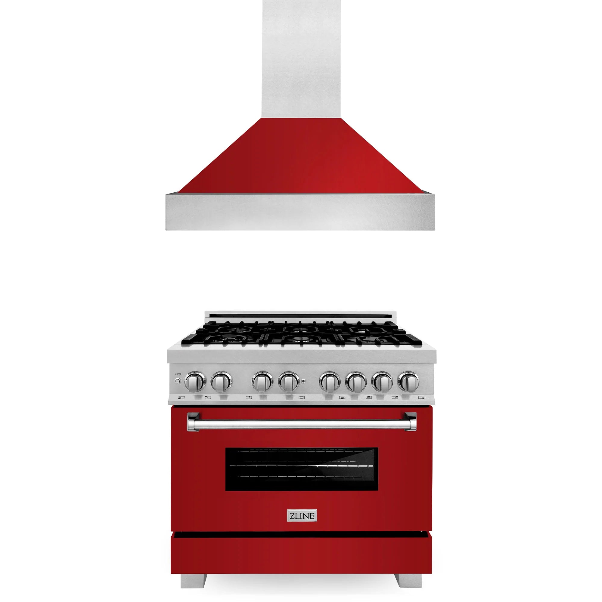ZLINE red dual-fuel range with stainless control panel, black oven window, wall hood