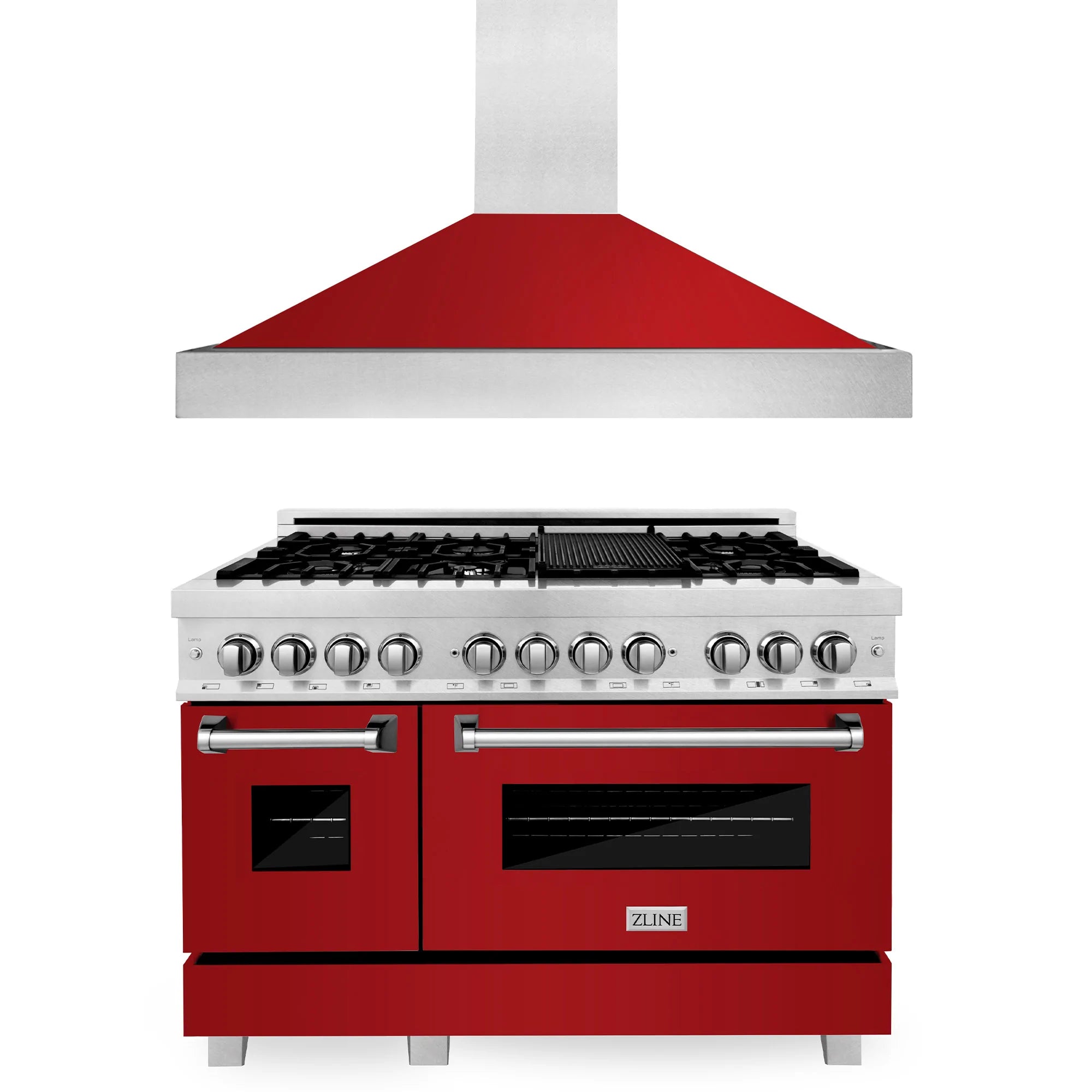ZLINE dual fuel range with red glossy front and stainless wall mount hood