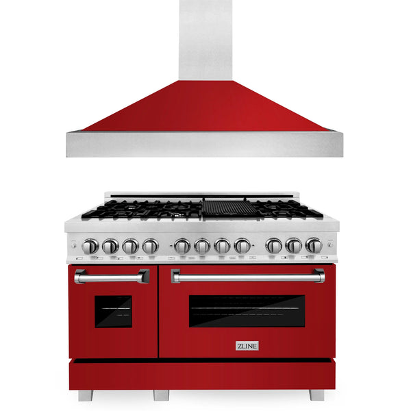 ZLINE 2-Piece Appliance Package - 48-inch Dual Fuel Range & Premium Wall Mount Range Hood in DuraSnow Stainless Steel with Red Gloss (2KP-RASRGRH48)