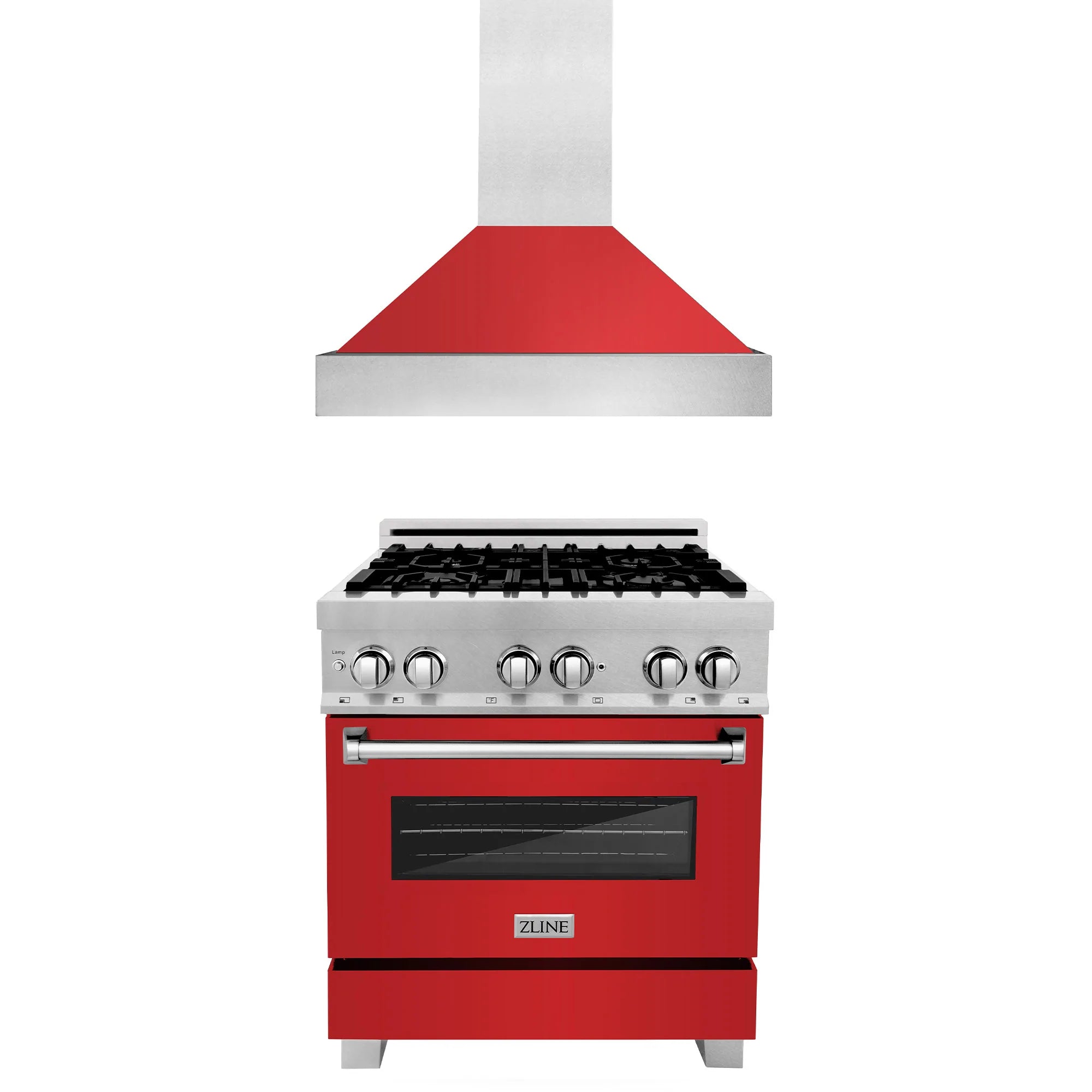 Dual fuel range with red matte base and stainless steel canopy hood