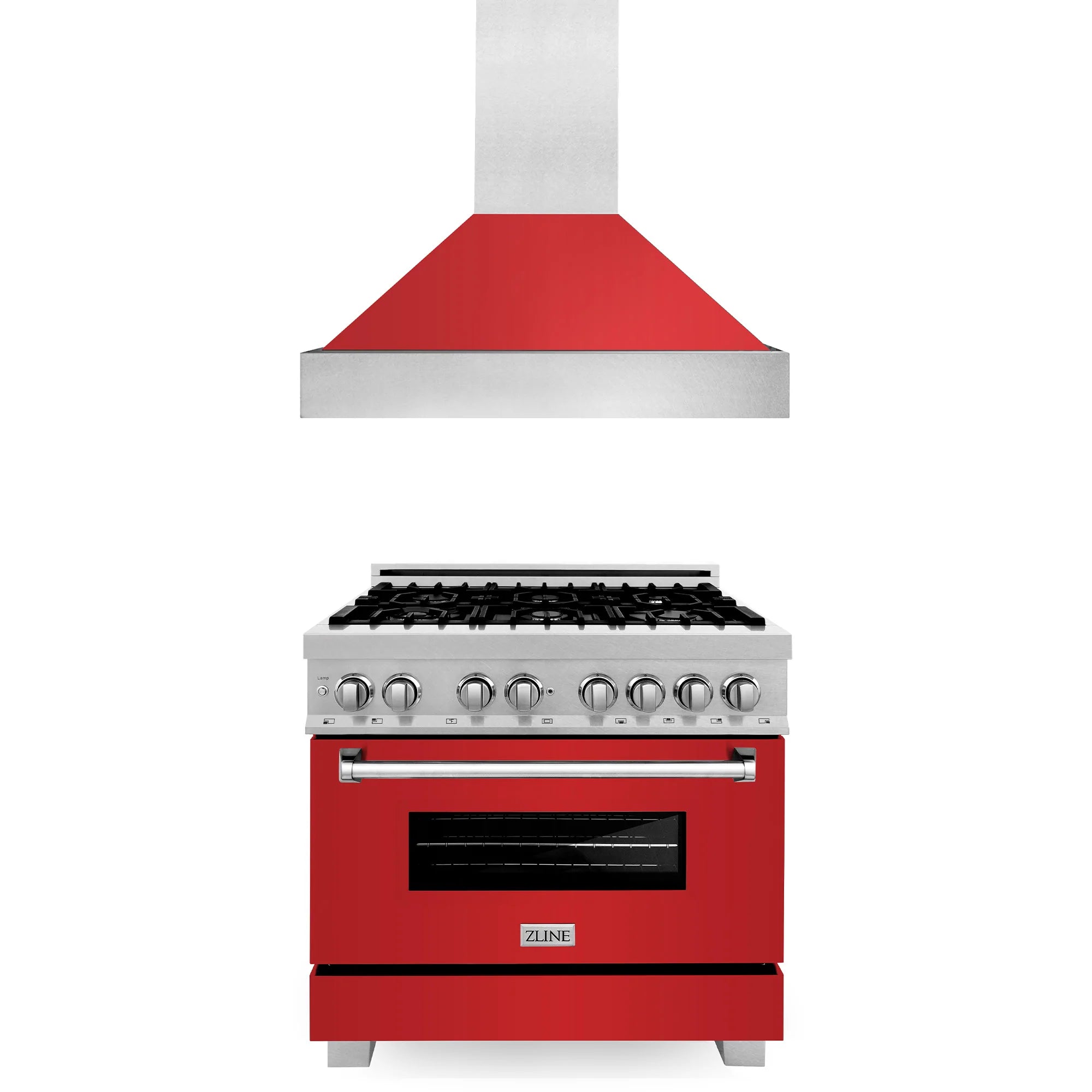 Red matte dual fuel range with stainless hood and black oven door, control knobs