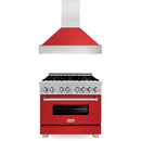 ZLINE 2-Piece Appliance Package - 36-inch Dual Fuel Range & Premium Hood in Satin Stainless Steel with Red Matte (2KP-RASRMRH36)