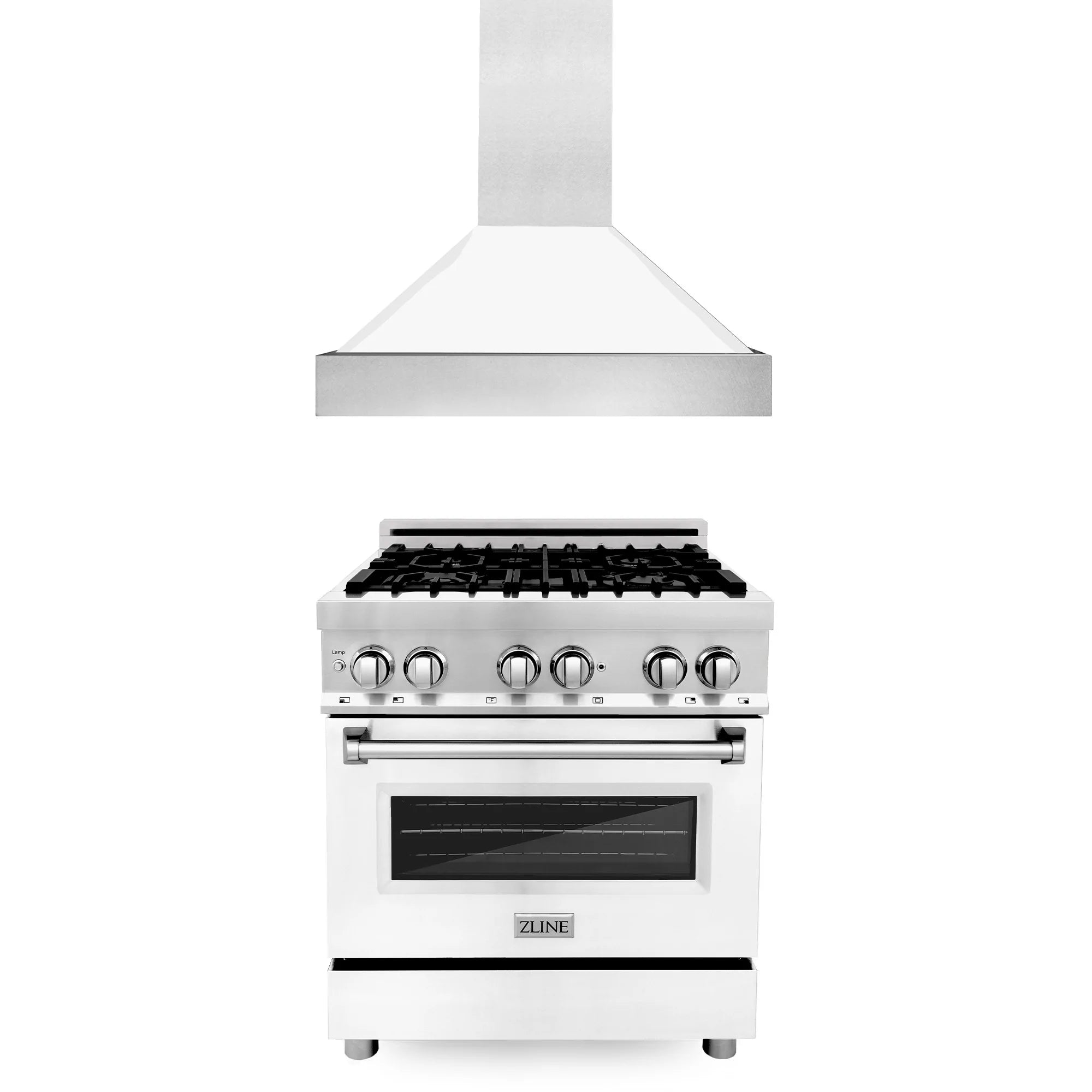 White dual fuel range with black grates and front oven window, with hood above