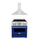 Blue gas range with stainless steel cooktop grates and matching stainless hood