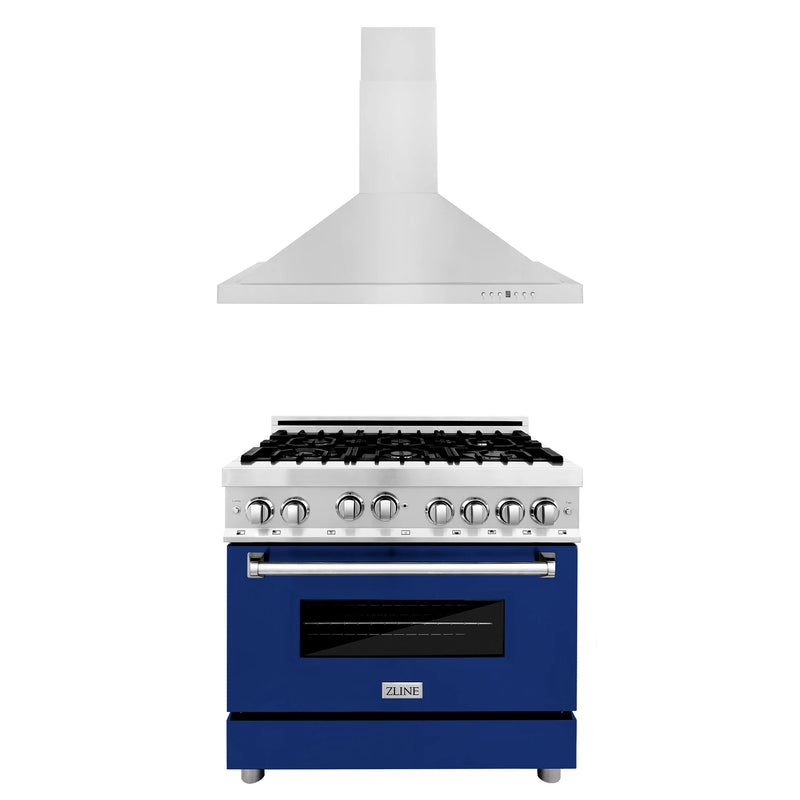 ZLINE 2-Piece Appliance Package - 36-inch Gas Range with Blue Gloss Door and Convertible Vent Range Hood in Stainless Steel (2KP-RGBGRH36)