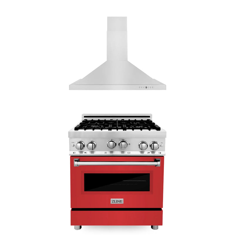 ZLINE 2-Piece Appliance Package - 30-inch Gas Range with Red Gloss Door and Convertible Vent Range Hood in Stainless Steel (2KP-RGRGRH30)